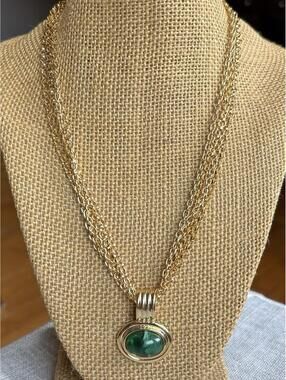 Gold Tone Multi Strand Necklace Green Faux Stone Pendant